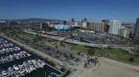 Aerial vertical pan of marina and aquarium Long Beach, CA. Stock Footage 51745341