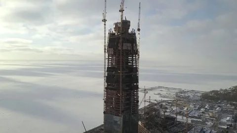 Aerial vertical pano: Construction of a largest in Europe high-altitude building Stock Footage 71428975