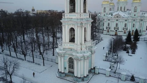 Aerial Vertical Pano View: Winter cityscape above winter St. Petersburg, Russia Stock Footage 71153399