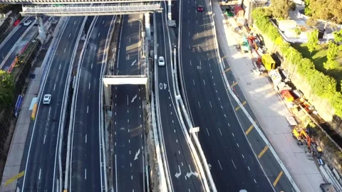 Aerial vertical panorama from Warringah freeway lanes to North Sydney CBD 4k. Stock Footage 281484997