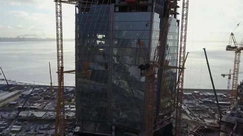 Aerial vertical panoramic view: Construction of largest in Europe building, SPb Stock Footage 71154160