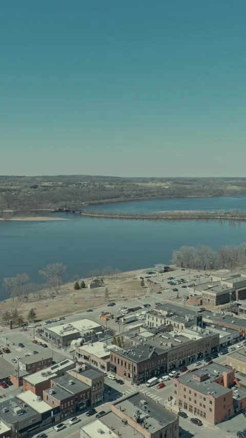 Aerial Vertical Parallax Above Downtown Hudson Wisconsin Revealing St Croix Stock Footage 334802053