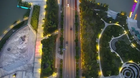 Aerial vertical shot of 4 Fire engines driving in city siren on Stock Footage 108990431