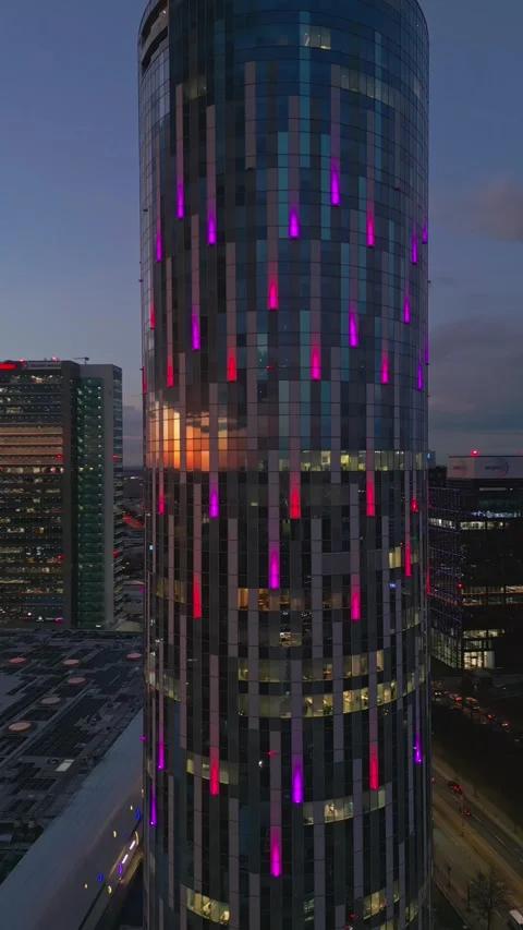 Aerial Vertical Shot Of Bucharest Sky Tower City Skyline With Golden Sunset View Stock Footage 261548559