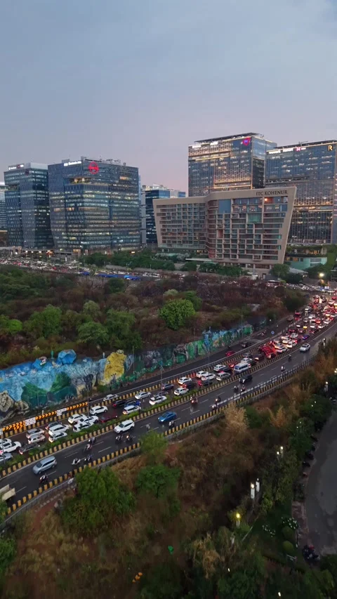 Aerial Vertical shot of traffic Jam at Durgam Cheruvu in Hyderabad, India Stock Footage 340905669