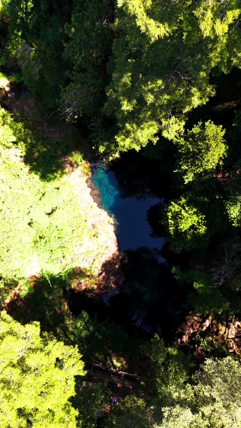 Aerial vertical top down panning shot rotating slowly over a deep blue hidd.. Video stock 339252205