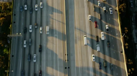 Aerial vertical view of busy freeway system Los Angeles USA Stock Footage 64775461