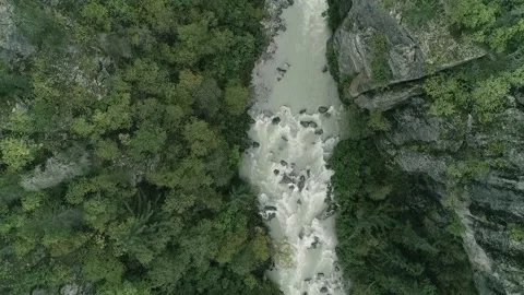 Aerial vertical view of Capt William Moore Creek along the Klondike Highway. Видео 153376659