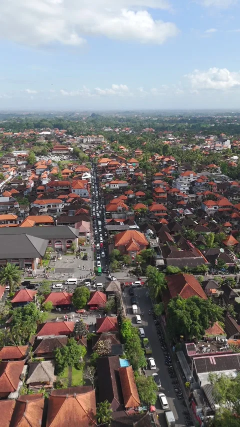 Aerial vertical view of congested traffic of Ubud, Bali Stock Footage 320673184
