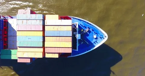 Aerial, vertical view of container ship in motion - 3 스톡 동영상 73927473