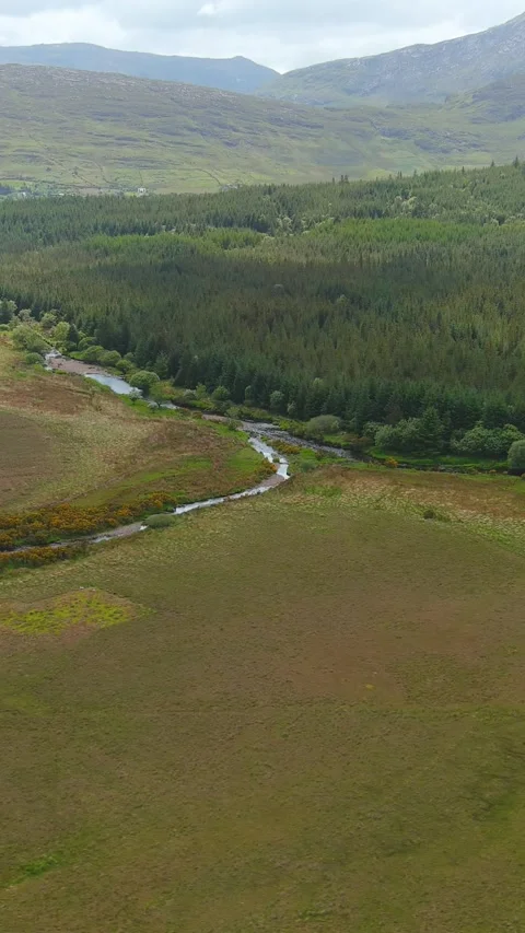 Aerial vertical view of Joyce's river. Connemara region in Ireland. 库存影片 302498937