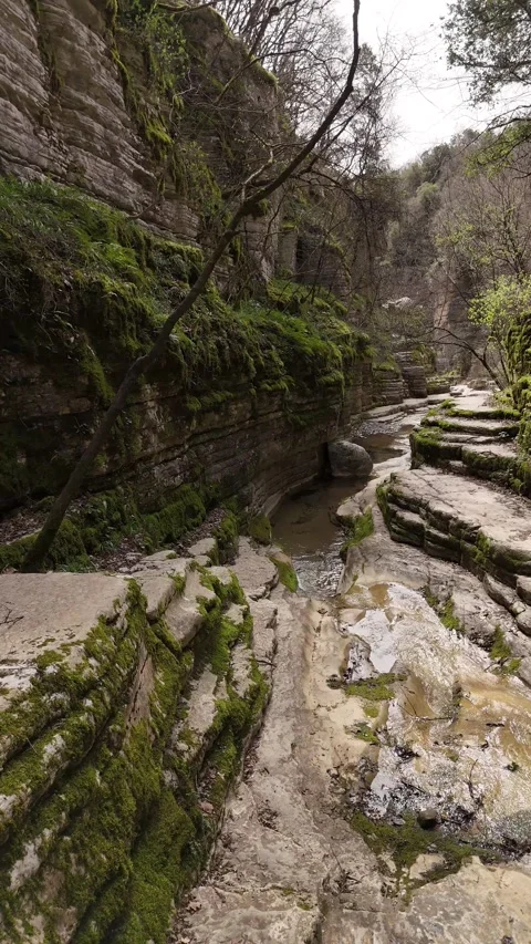 Aerial vertical View of Moss Covered Rock Pools and Gorge in Papingo Greece Video stock 307556507