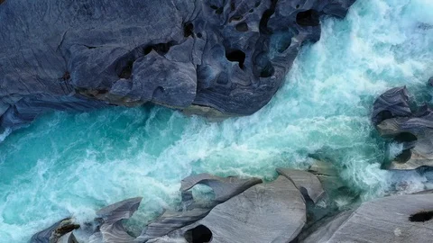Aerial Vertical View Over The Surface Of A Mountain River Glomaga, Marmorslottet Stock Footage