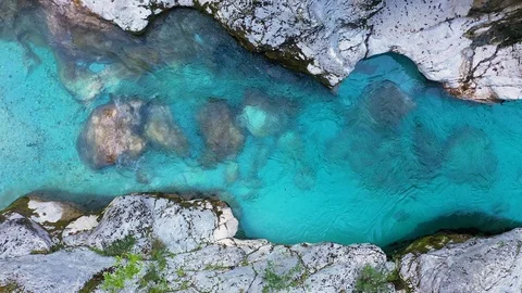 Aerial Vertical View Over The Surface Of A Mountain River Soca .camera move left Stock Footage 118458602