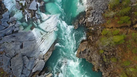 Aerial Vertical View Over The Surface Of A Mountain River Glomaga, Marmorslottet Stock Footage 129187174