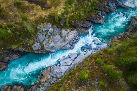 Aerial Vertical View Over The Surface Of A Mountain River Glomaga, Marmorslottet Stock Photos