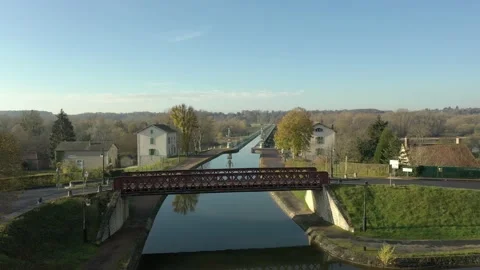 Aerial vertical view of Pont Canal de Briare crossign La Loire river Stock Footage 144635441