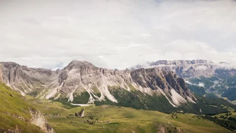 Aerial vertical view Seceda ridge Odle peaks rise above clouds after rain w.. 스톡 동영상 332263795