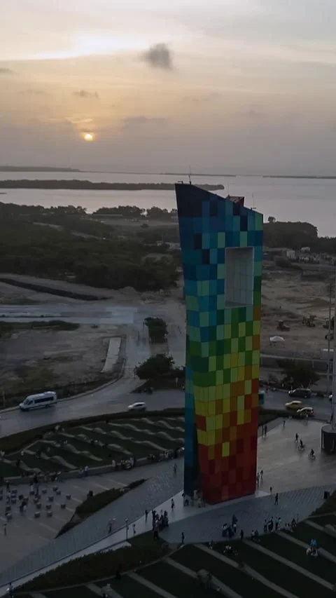 Aerial Vertical View of Ventana al Mundo in Barranquilla at Sunset Stock Footage 314709771