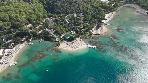 Aerial Video beach umbrellas pattern top view Oludeniz Turkey coast Vídeo Stock 341286406