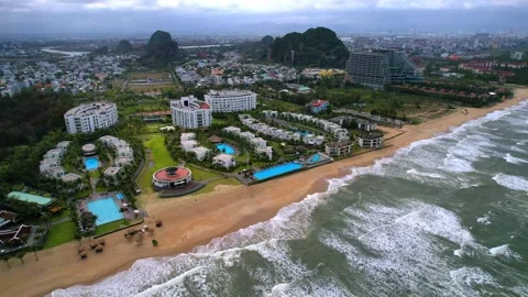 Aerial video of beautiful long sandy beaches of Da Nang in Vietnam Stock Footage 334813752