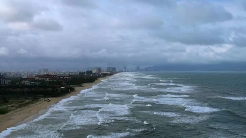 Aerial video of beautiful long sandy beaches of Da Nang in Vietnam Stock Footage 334814906