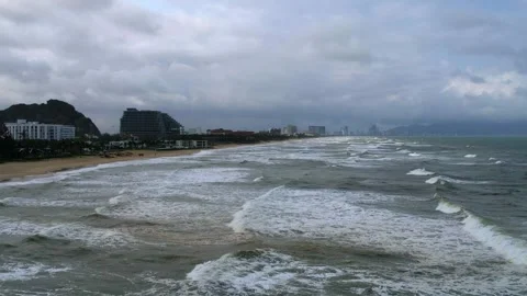 Aerial video of beautiful long sandy beaches of Da Nang in Vietnam Stock Footage 334816624