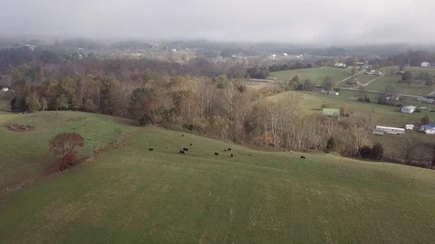 Aerial Video of Bristol, TN Farmland Foggy Morning in the Fall Stock Footage