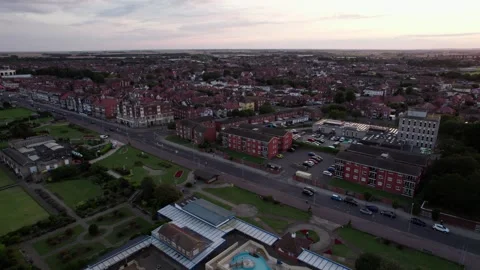 Aerial video captures the magic of a sunset over Skegness, a coastal town i.. 库存影片 252656306