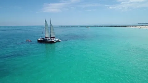 Aerial video Caribbean Spirit catamaran Miami Beach Stock Footage