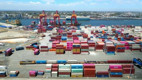 Aerial video of container stacks and cargo cranes at Fremantle Port, Australia Stock Footage 328218765