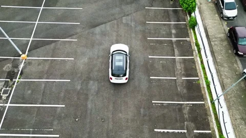 Aerial video driving a car in an empty mall parking lot. Video stock 244446845
