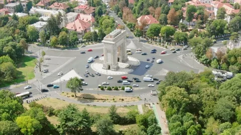 Aerial video drone of Arc de Triomphe in Bucharest from above, arc de Stock Footage 187482780