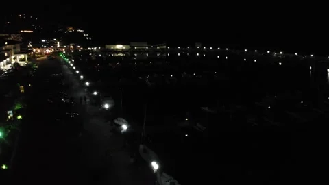 Aerial video, drone view. Panoramic night view of the sea port of Sveti Vlas Stock Footage 265983807