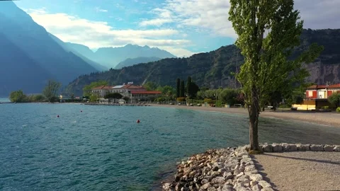Aerial video with drone, view of the Torbole a small town on Lake Garda, Ital Stock Footage 131244286