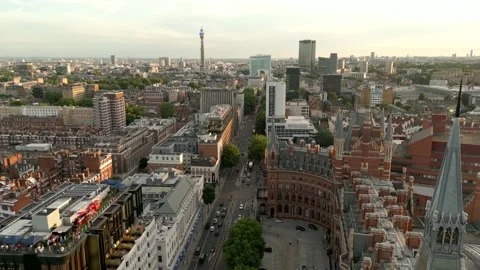 Aerial video Euston Road near St Pancras International Train Transit Station  Stock Footage 201946570