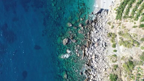 Aerial video featuring a secluded beach nestled within a lush banana grove Stock Footage 247502456