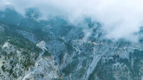 Aerial Video of Green Pine Forest on Rocky Hillside and Fog Stock Footage 334115015
