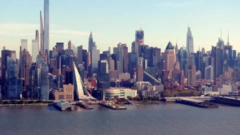Aerial video Hells Kitchen New York pier docks Stock Footage 254871211