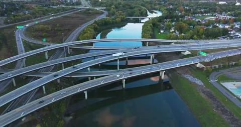 Aerial video of highway, interstate interchange in Binghamton, NY Stock Footage 288799685
