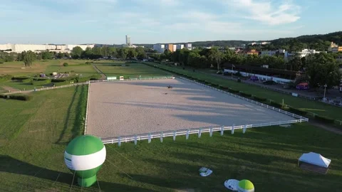 Aerial video of Hipodrom in Sopot with visible horseback rider in training Stock Footage 246036853