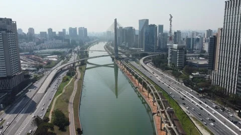 Aerial video of the iconic cable-stayed bridge Marginal Pinheiros in SP, Brazil. Stock Footage 283016946