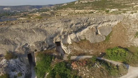 Aerial video of Inkerman quarry, Inkerman monastery, Kalamita Fortress. Crimea.  Video stock 95268875