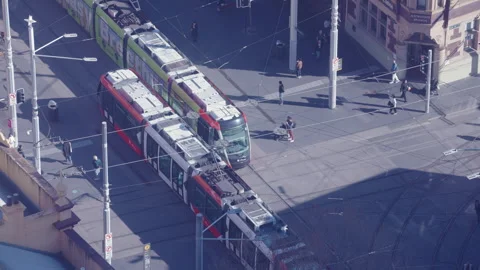 Aerial video of light rail tram in Sydney CBD Stock Footage 252576366