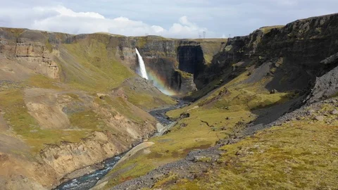 Aerial Video of Majestic Iceland Waterfall with Rainbow Stock Footage