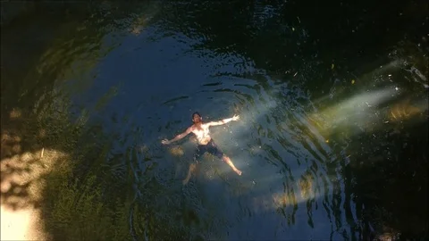 AERIAL VIDEO OF A MAN DOING BACK FLOAT at a calm lake. Stock Footage 106309719