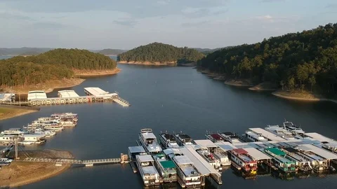 Aerial video of marina and houseboats in Broken Bow, Oklahoma Stock Footage