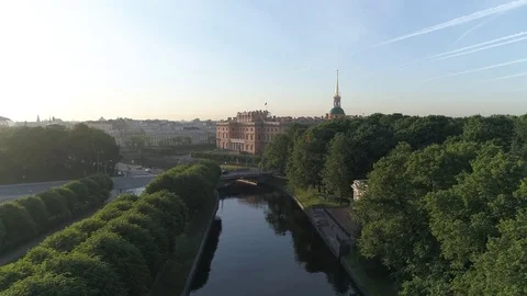 Aerial video of the Moika River and St. Michael's Castle Stock Footage