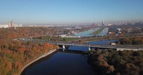 Aerial video of Moscow River in forest in Russia Stock Footage
