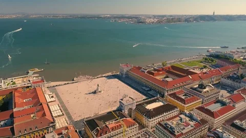 Aerial video in motion of sunset Commerce square, Lisbon, Portugal 4K drone Stock Footage 84603957